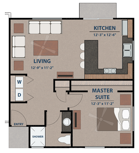 Floor plan for 1 bed, 1 bath, 635 sqft